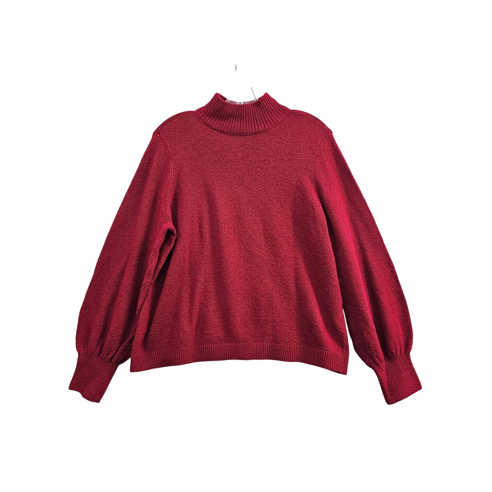 Chico's Mock Neck Sweater Women Size 2 Red Balloon Sleeve Knit Pullover Soft Rib